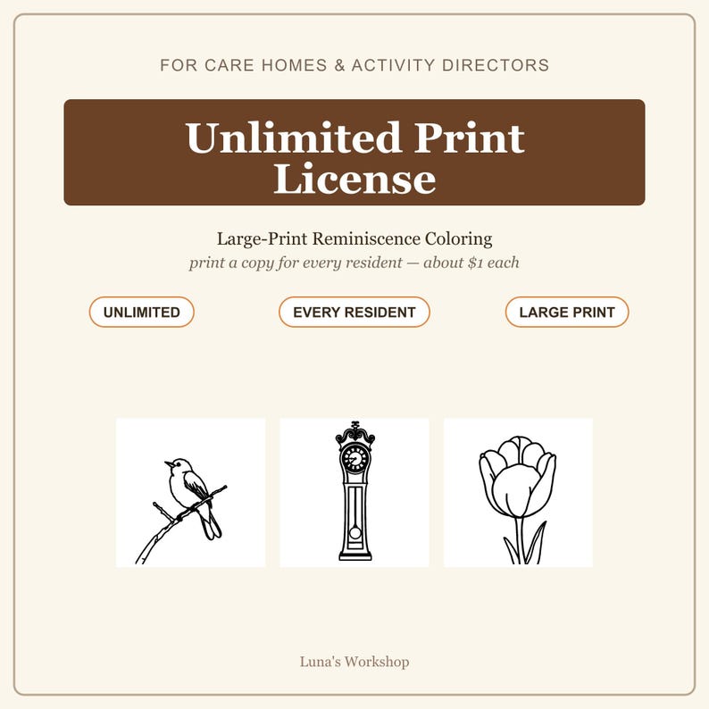 Large Print Coloring Facility License, Reminiscence Activity for Care Homes image 1
