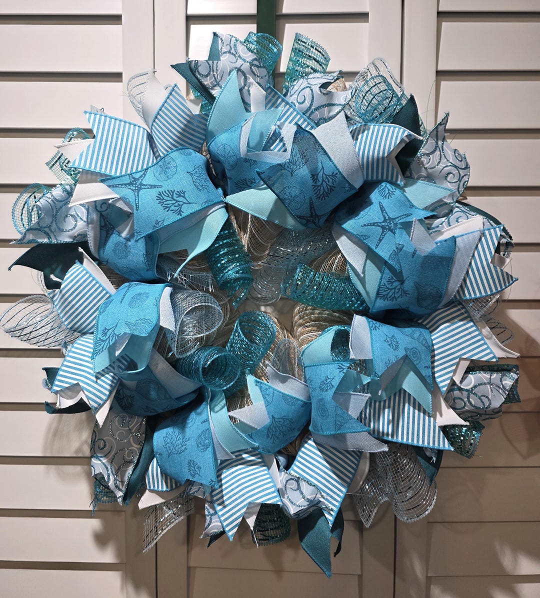Starfish and Sea Shells Coastal Teal, Light Blue and White Handmade ...