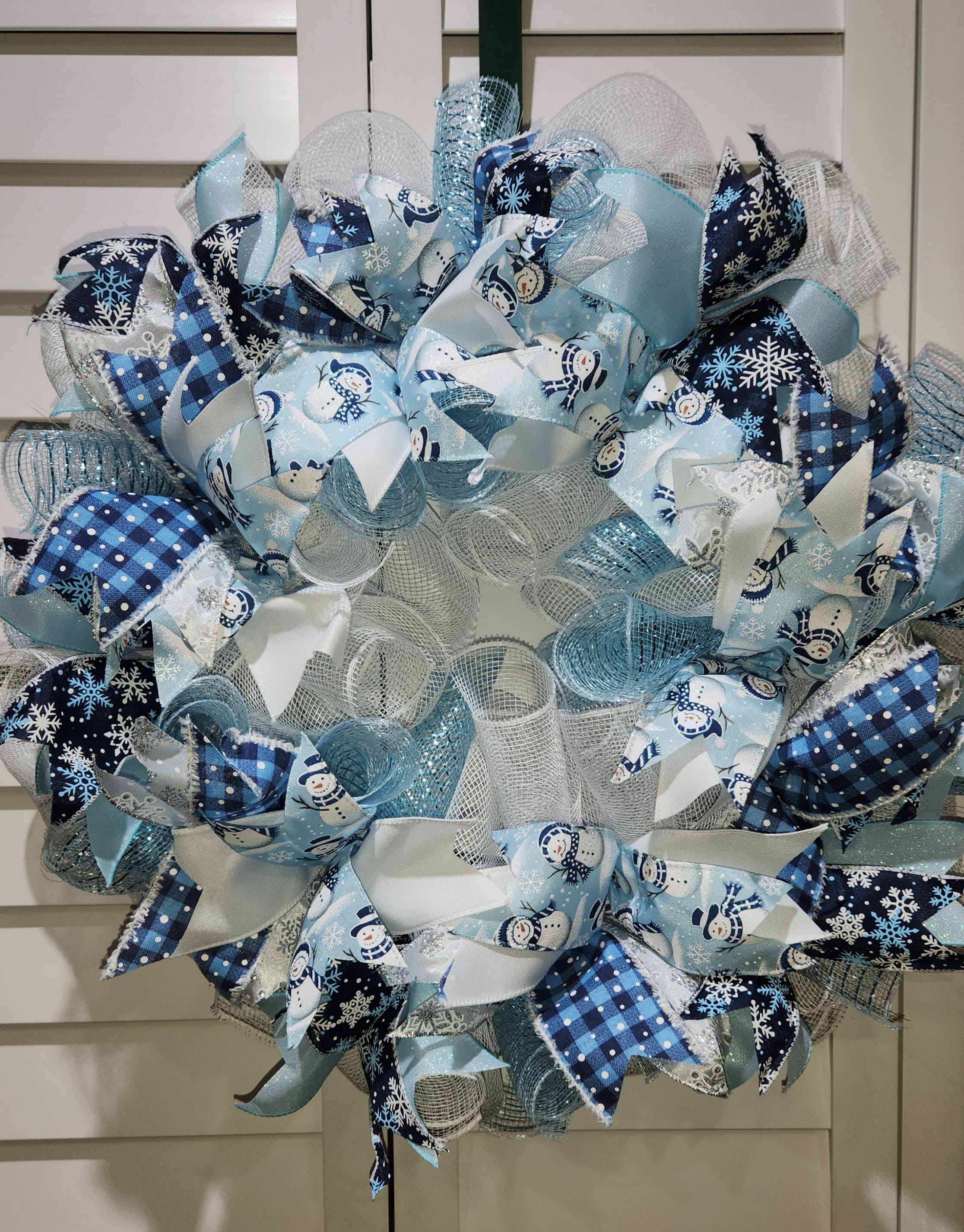 Holiday Blue and White Snowman Door Wreath - Etsy
