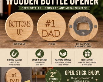 Abrebotellas de madera grabado con láser / Madera de 5 cm con imanes en la parte posterior
