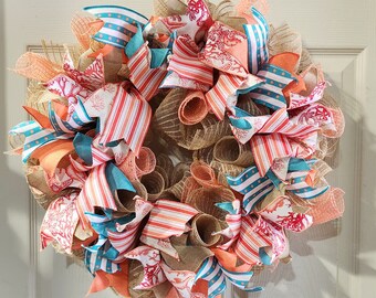 Seahorse Coastal Coral and Teal Handmade Wreath