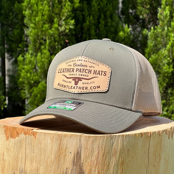 Custom Leather Patch Hats - Made in Australia on a Richardson 112 American trucker hat - Now available with rawhide leather patches