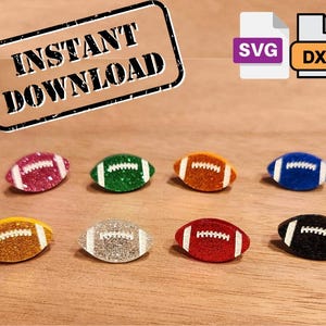 May include: Eight glitter football designs in various colors, including pink, green, orange, blue, gold, silver, red, and black.  The designs are for instant download in SVG and DXF formats.