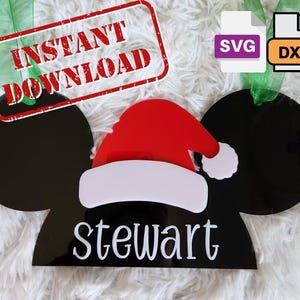 Etiqueta navideña para cochecito de Mickey SVG DXF / Gorro de Papá Noel personalizado (archivo cortado con láser)