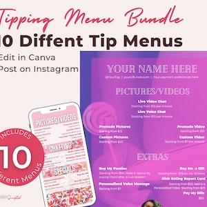 May include: A digital product bundle with 10 tip menus, designed for editing in Canva and posting on Instagram. The menus feature sections for pictures, videos, chatting, and extras, with pricing details. The design is predominantly pink and purple.