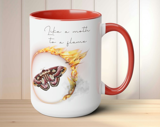 Featured listing image: 15oz Moth To A Flame Ceramic C-Handle Mug, Custom Statement Wraparound Coffee Mug, Two-Toned Contrast Statement Lead & BPA Free Mug