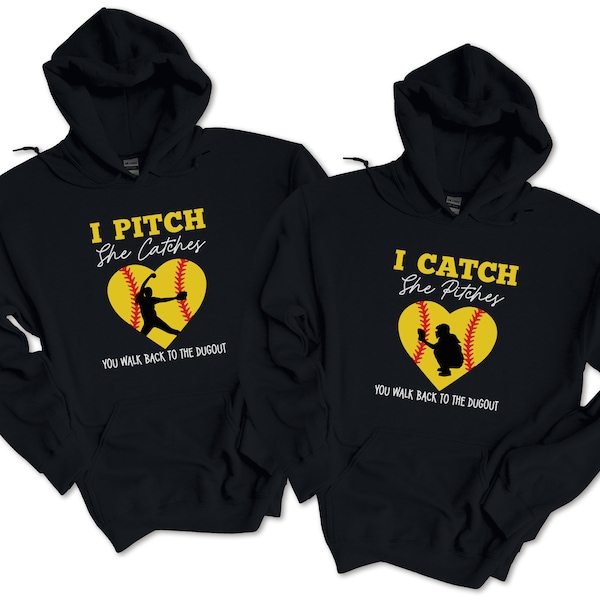 Youth Softball Hooded Sweatshirt, Pitchers and Catchers Hoodie, I Pitch She Catches, She Catches I Pitch, Softball Gift, Girls Sweatshirt