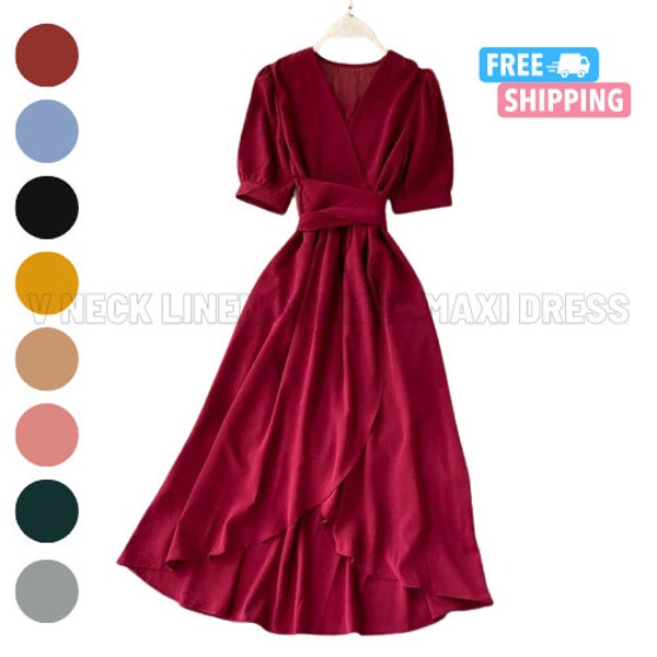Women's Summer Linen Maxi Dress Puff Sleeve French Style V Neck Short Sleeve Wrap Dresses for Her Linen Tunic with Belt Gift for Girlfriend