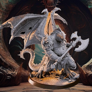 May include: A detailed gray dragon miniature, posed with an axe, and large wings. The figure is on a round base. The background features a dark, textured design with dragon-like elements, creating a fantasy theme.