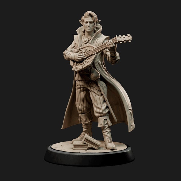 Half Elf, Male, Bard, Rogue, Leather, Vest Coat, Sabre, Guitar, Belt Pouch, Mandolin, Striped Pants- 25/28/32/75mm Fantasy Miniature