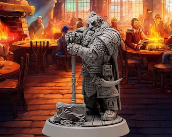 Dwarf, Male, Fighter/Paladin with Heavy Chain mail, War hammer and Drinking Horn - 25/28/32/75mm Fantasy Miniature