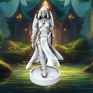 May include: A white figurine of a female warrior, standing on a circular base. She is wearing armour and a flowing cloak, with a sword at her side. The background features a mystical forest scene with a detailed elven structure.