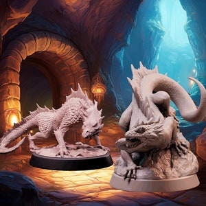 May include: Two detailed, white, miniature dragon figurines posed in a cave setting. One dragon is standing on its hind legs with its tail curled around its body, while the other dragon is walking on all fours.