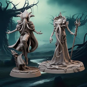 May include: Two detailed, gray fantasy figurines of humanoid creatures with tentacled faces and elaborate robes. One figure is posed with outstretched arms, the other holds a staff. The background features a dark, surreal landscape with a full moon.