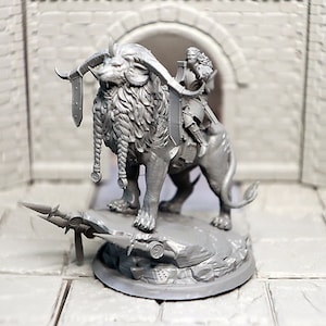 Human, Female, Paladin, Knight, Cleric in Plate Armor, Riding Regal Lion Mount standing on Rock Outcropping - 25/32/75mm Fantasy Miniature