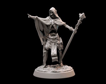 Skeleton, Undead, Lich, Mage, Wizard, Priest, Robes, Staff, Pointing, Construct, Command, Skull- 25/38/32/75mm Fantasy Miniature