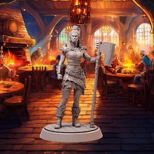 Half-Orc, Female, Fighter/Barbarian with Fur and Leather Armor, 2 Handed Barbarian Axe - 25/28/32/75mm Fantasy Miniature