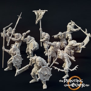 May include: A set of 10 unpainted miniature figures of orcs, each with a different weapon and pose. The figures are made of a light grey plastic and are ready to be painted.