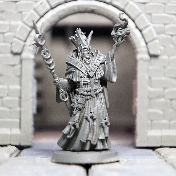 Human, Male, Wizard, Cleric, Priest, in Magic Robes, Casting Spell, Holding religious Mace and Spell book - 25/32/75mm Fantasy Miniature