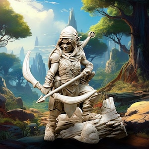 Puede incluir: Una figura miniatura pintada de blanco que representa a un personaje de fantasía, una guerrera elfa, sosteniendo un arma de hoja curva. La figura está en una postura de combate, de pie sobre una base rocosa. El fondo es una imagen borrosa de una escena de bosque.