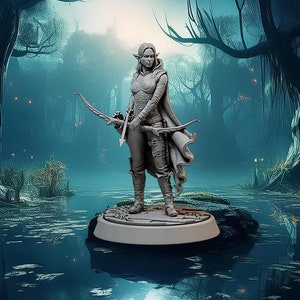May include: A grey painted miniature figurine of an elf archer standing on a round base. The elf is wearing a hooded cloak and holding a bow and arrow. The figurine is set against a dark, fantasy-themed background.