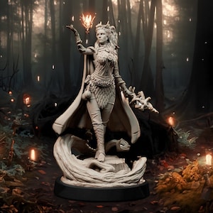 Human, Female, Cleric, Druid in Splint Armor and Leather Pants, Wooden Staff and Flowing Cape - 25/28/32/75mm Fantasy Miniature