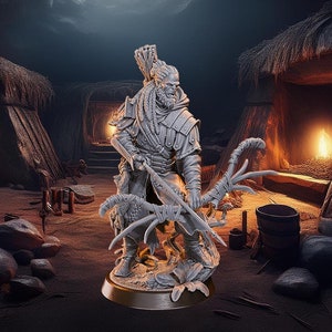 May include: A gray painted miniature figurine of a warrior holding a bow and arrow. The figurine is standing on a circular base with a gold-colored rim. The warrior is wearing a tunic and leggings, and has a beard and long hair. The background is a dark cave with two huts with fires burning inside.