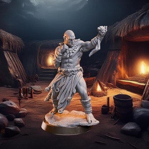 May include: A gray, muscular figurine of a bald warrior in a fighting stance, adorned with tribal accessories. The figure stands on a circular base, set against a dimly lit cave scene with firelight.