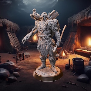 May include: A detailed grey figurine of a warrior with a beard, holding an axe and a bird perched on his shoulder. The figurine is standing on a round base with a textured surface.
