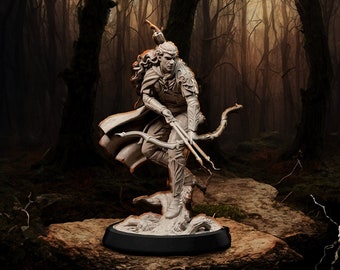 Elf, Male, Ranger, Rogue, Leather, Long Bow, Double Arrow, Stalking, Belt Pouch, Long Hair, Quiver, Ornate Armor - 25-75mm Fantasy Miniature