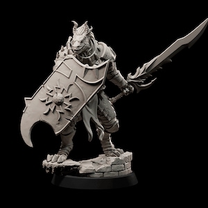 Dragonborn, Male, Fighter/Paladin in Scaled Armor, Heavy Shield, Two Handed Sword - 25/28/32/75mm Fantasy Miniature