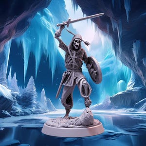 May include: A skeletal warrior figure in a chainmail tunic, holding a sword and shield, stands in a frozen cave setting. The figure is painted in a light gray color.