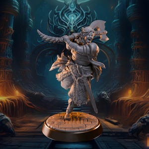 May include: A detailed figurine of a warrior in action, wielding an axe and sword. The figure is in a dynamic pose, with intricate armor and clothing details. The base is round with a gold rim, set against a fantasy background with architectural elements.