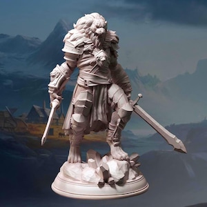 Werelion, Catfolk, Male, Barbarian, Fighter, Warrior, Double Swords, Plate, Chain, Lion, Roar, Falchion - 25/28/32/40/75mm Fantasy Miniature