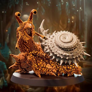 May include: A detailed figurine of a snail-like creature with a textured, orange and brown body and a spiky, off-white shell. The figurine is on a dark gray base, showcasing intricate details.