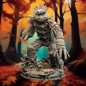May include: A gray, straw-like figure stands in a forest setting. The figure has a textured appearance, with wooden elements and wrapped bindings. The background features autumn foliage with red and orange hues, creating a fantasy or Halloween theme.