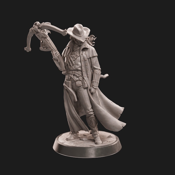 Human, Male, Ranger, Rogue, Leather, Duster Coat, Medium Crossbow, Throwing Knives, BeltPouch, Cowboy Hat - 25/28/32/75mm Fantasy Miniature
