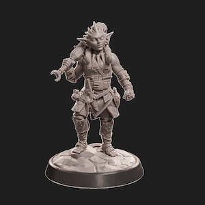 May include: A gray, detailed miniature figurine of a goblin warrior with a weapon and a variety of accessories. The figurine is standing on a round base.
