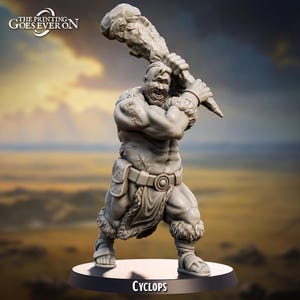 May include: A gray painted miniature figurine of a cyclops holding a large club. The cyclops is wearing a fur loincloth and a belt with a circular buckle. The base of the figurine is black and reads "Cyclops".