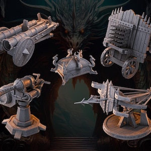 May include: A collection of gray miniature siege weapons, including a cannon, a cart with spikes, a chest, a turret, and a catapult. The background features a dragon and a cave entrance, creating a fantasy theme.