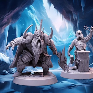 May include: Two detailed miniature figurines of dwarves, one wearing armor and holding a weapon, the other holding a hammer and an anvil. The figurines are painted in a gray color and are set against a blue and white icy background.