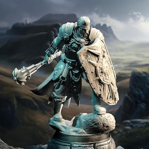 May include: A detailed miniature figurine of a warrior in silver armor, holding a large axe and a shield with a sunburst design. The figurine is standing on a rocky base.