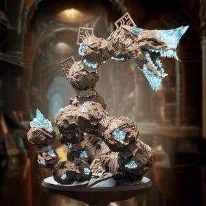 May include: A detailed sculpture of a serpentine creature with a dragon-like head, crafted from textured, weathered stone. The sculpture features intricate carvings and is accented with glowing blue crystal formations. It is mounted on a round base.