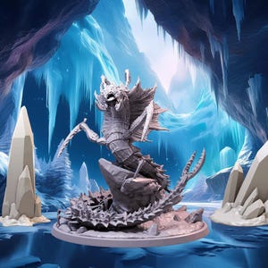 May include: A detailed, gray, 3D printed miniature of a dragon-like creature with wings and claws, posed on a rocky base. The creature is set against a backdrop of a blue and white icy cave.