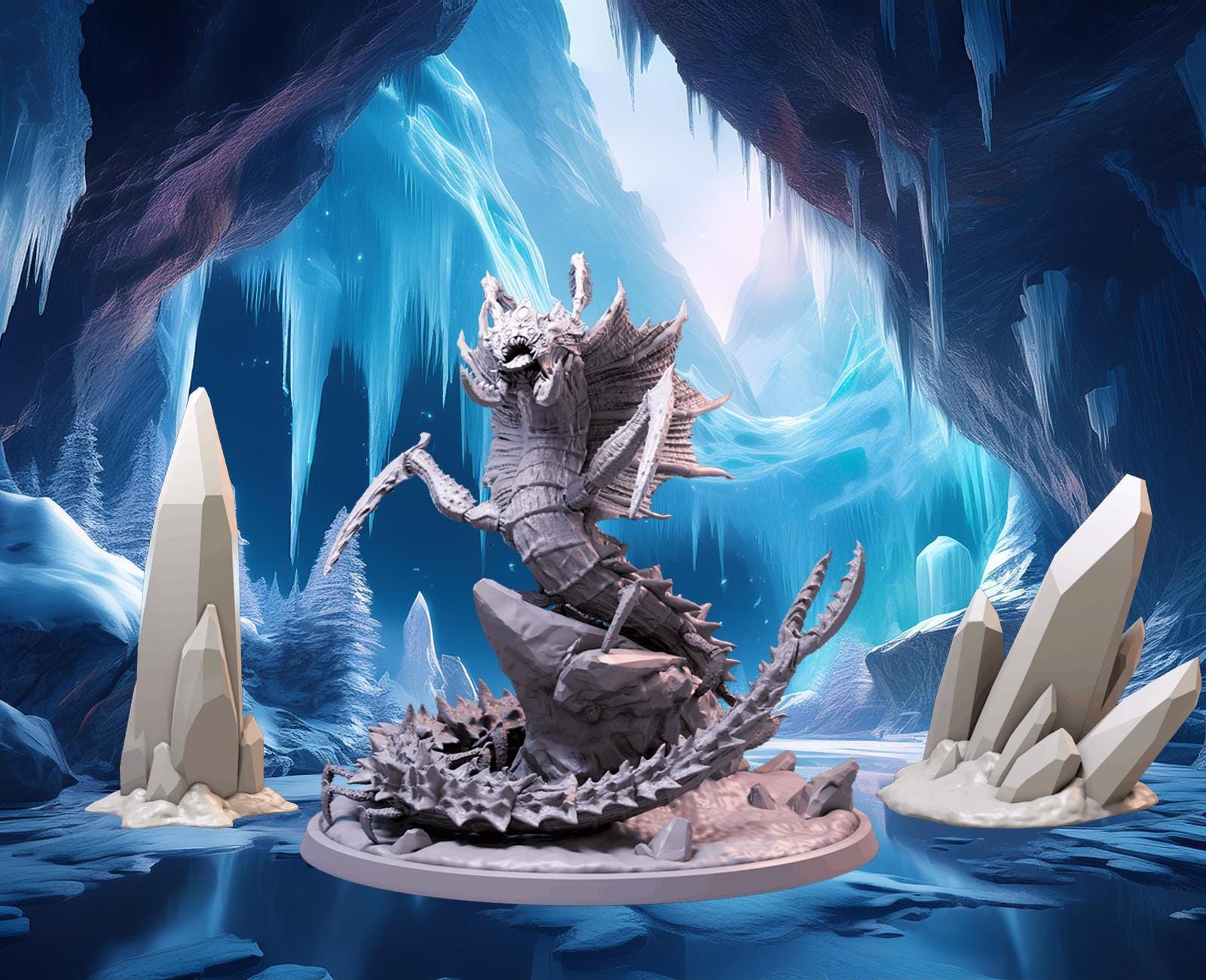 Remorhaz, Polar Worm, Ice Worm, Ice Spikes, Centipede, Wings, Horns, Fangs, Snow, Ice, Monster, Extra Large Figure - 25/28/35/75mm Miniature