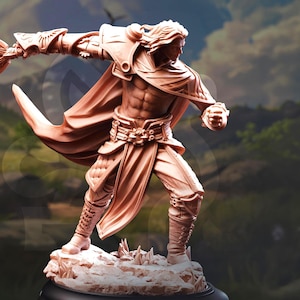 May include: A detailed figurine of a warrior in a dynamic pose, holding a sword. The figure is clad in armor and a flowing cape, with intricate detailing. The color is a warm, reddish-brown, set against a blurred outdoor background.