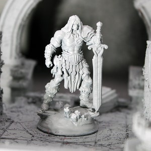 May include: A gray, 3D printed miniature of a warrior figure holding a sword. The figure is standing on a circular base with a textured surface. The figure is wearing a kilt and a cloak.