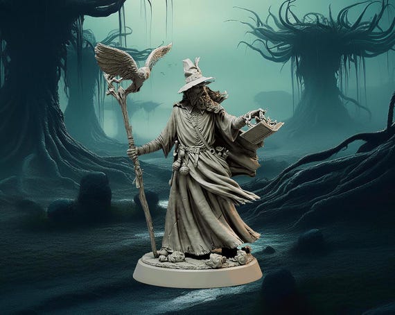 Human, Male, Mage, Wizard, Sorcerer, Heavy Cape, Wooden Staff, Casting, Owl Familiar, Hat, Spellbook- 25/28/32/75mm Fantasy Miniature