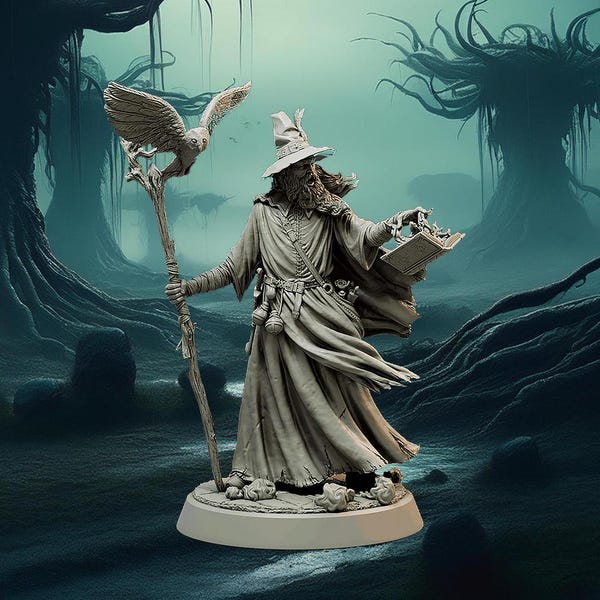 Human, Male, Mage, Wizard, Sorcerer, Heavy Cape, Wooden Staff, Casting, Owl Familiar, Hat, Spellbook- 25/28/32/75mm Fantasy Miniature