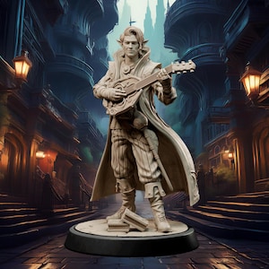May include: A painted miniature figurine of a fantasy character playing a lute. The character is wearing a long coat and has pointed ears. The figurine is standing on a circular base.